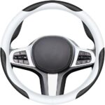 Universal leather steering wheel cover, elegant and fashionable design, non-slip breathable, fits 15 inch wheels, black and white.