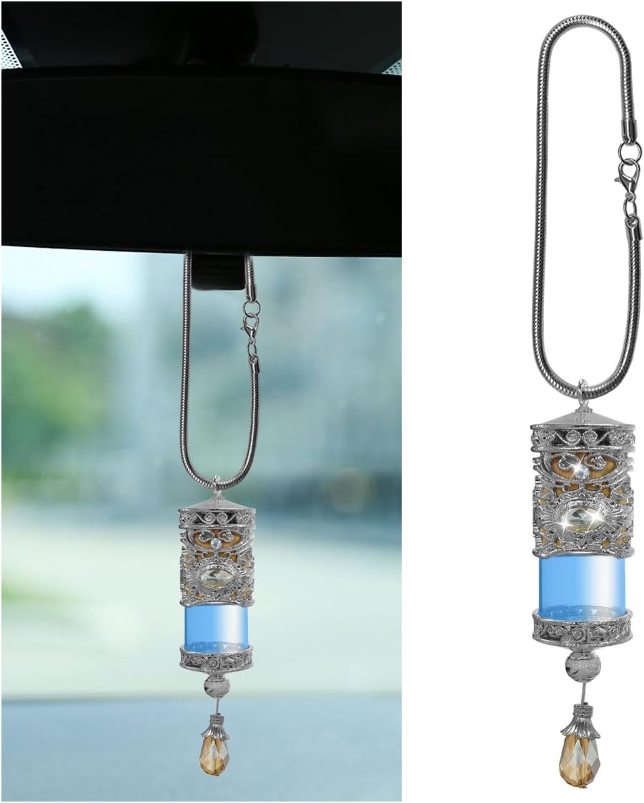 51eSwrwYoCL._AC_SL1200_.jpg Hanging car air freshener diffuser, refillable empty perfume bottle with alloy design, silver color. - Image 1