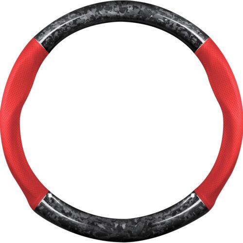 Round forged carbon fiber and leather steering wheel sleeve, non-slip soft breathable, fits 14.5-15 inch wheels, sports style.