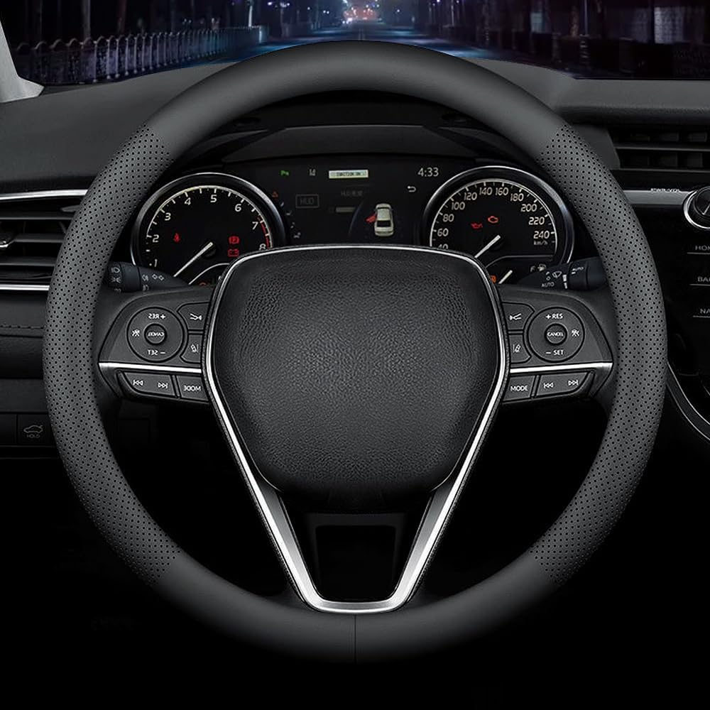 61LJIo0AuiL._AC_SL1000_.jpg Premium leather steering wheel cover, non-slip breathable design, universal 15 inch fit, black. - Image 1