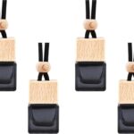 Set of 4 hanging car air freshener empty black glass diffuser bottles, square and cube shapes.