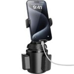 Universal cup holder phone mount with extendable long arm, 360?? rotation, anti-shake design for all smartphones.