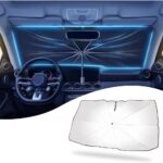 Car sun shade cover with opening design, foldable and storable, blocks UV rays keeps interior cool.