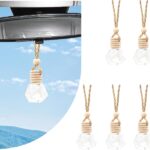 Set of 5 hanging car air freshener transparent glass bottles with wooden cap and rope, rhombic design.