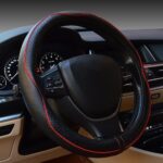 Anti-slip sports style steering wheel cover, soft breathable heavy duty thick full surround design, black with red line.