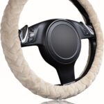 Massage velvet steering wheel cover with warm plush, anti-slip odorless, universal 15 inch fit, beige.