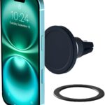 Air vent magnetic car mount with included magnetic ring adapter, universal smartphone compatibility.
