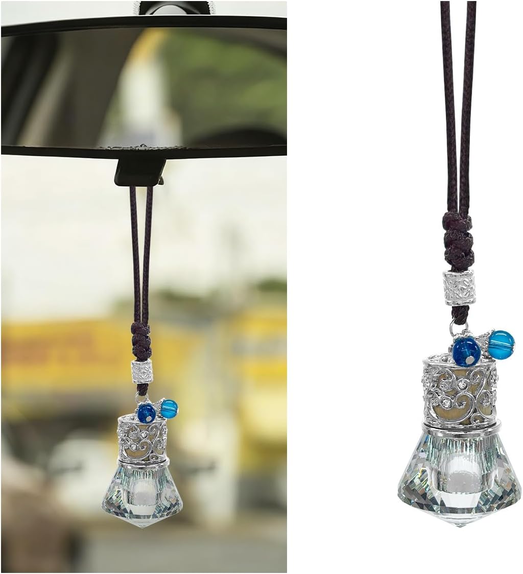 61qkybF3DvL._AC_SL1200_.jpg Hanging car essential oil diffuser crystal diamond bottle, empty glass pendant for rear view mirror. - Image 1