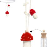 Cute crochet hanging car air freshener with red mushroom design, crochet car accessory.