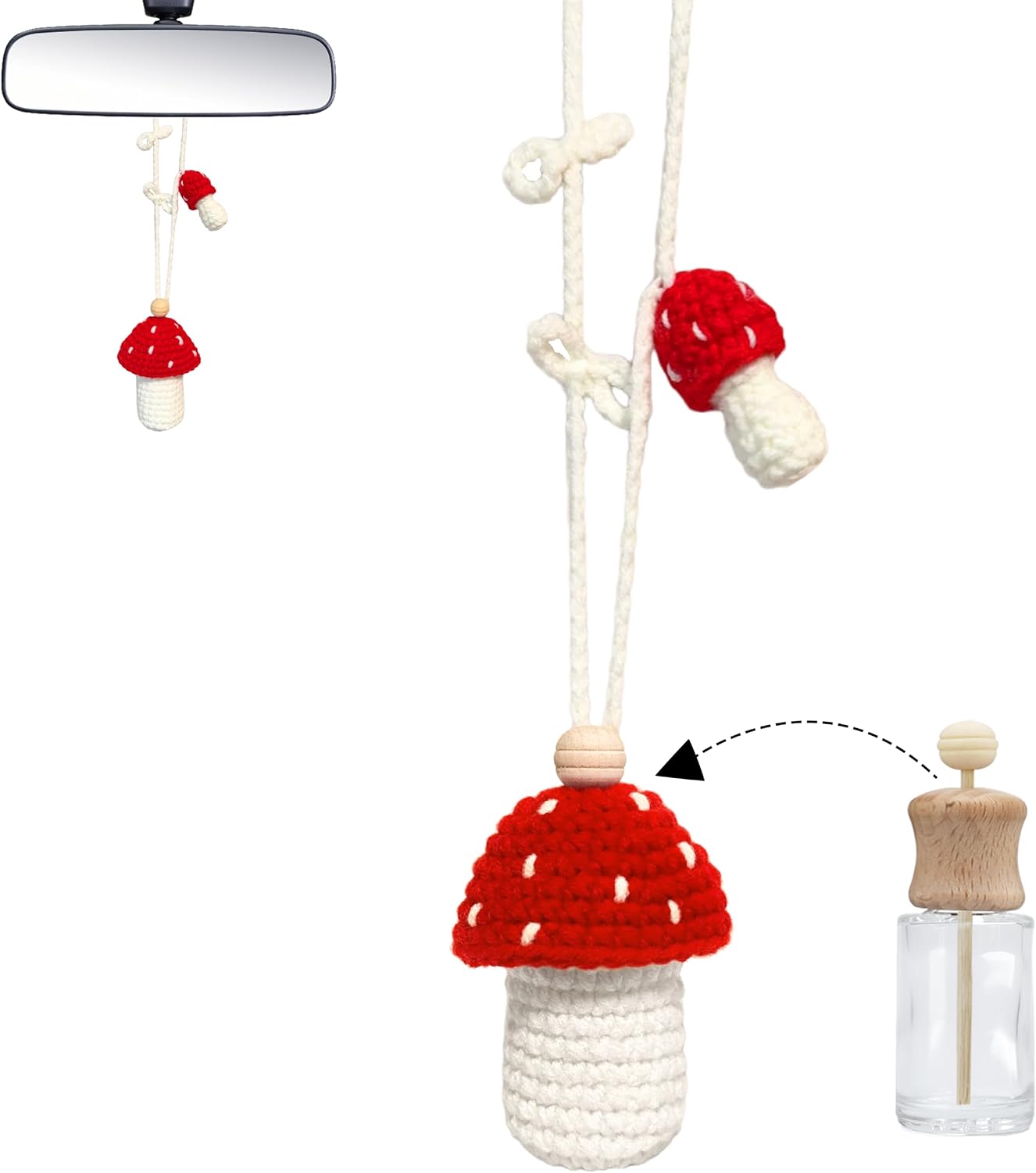 61vj7FxYnL._AC_SL1500_.jpg Cute crochet hanging car air freshener with red mushroom design, crochet car accessory. - Image 1