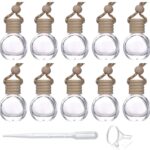 Set of 10 hanging essential oil diffuser bottles, clear glass oblate design with wooden caps, funnel and dropper included.