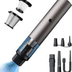Handheld cordless vacuum with strong suction, wet and dry, LED light, lightweight design.