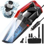Portable car vacuum with long cord, bag, LED light, DC high power for car and RV.