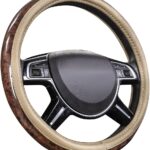 Wood grain microfiber leather steering wheel cover with anti-slip veins, fits 14.5-15 inch wheels, beige.