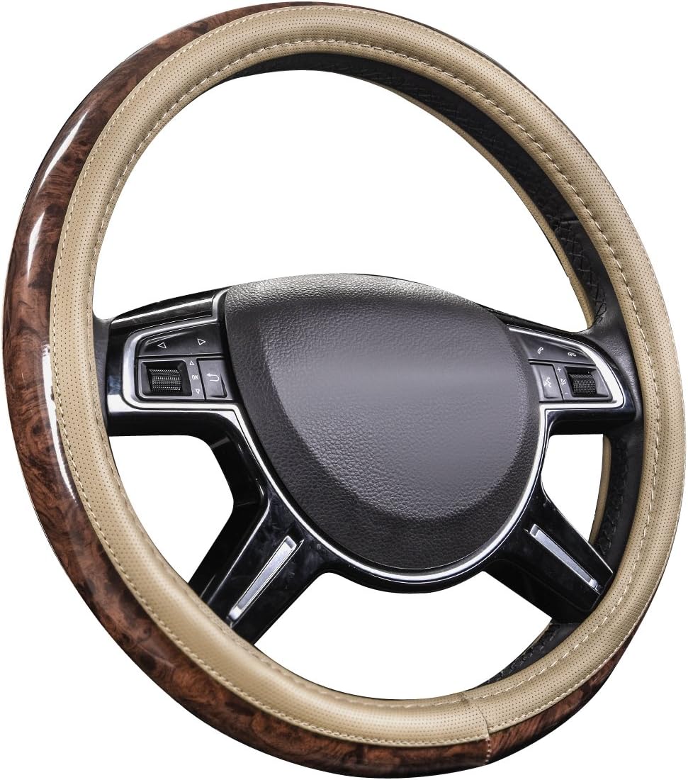 71At2NGIeL._AC_SL1200_.jpg Wood grain microfiber leather steering wheel cover with anti-slip veins, fits 14.5-15 inch wheels, beige. - Image 1