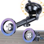 Magnetic car mount with powerful suction cup, fits windshield, air vent, and dashboard, suitable for cars and trucks.