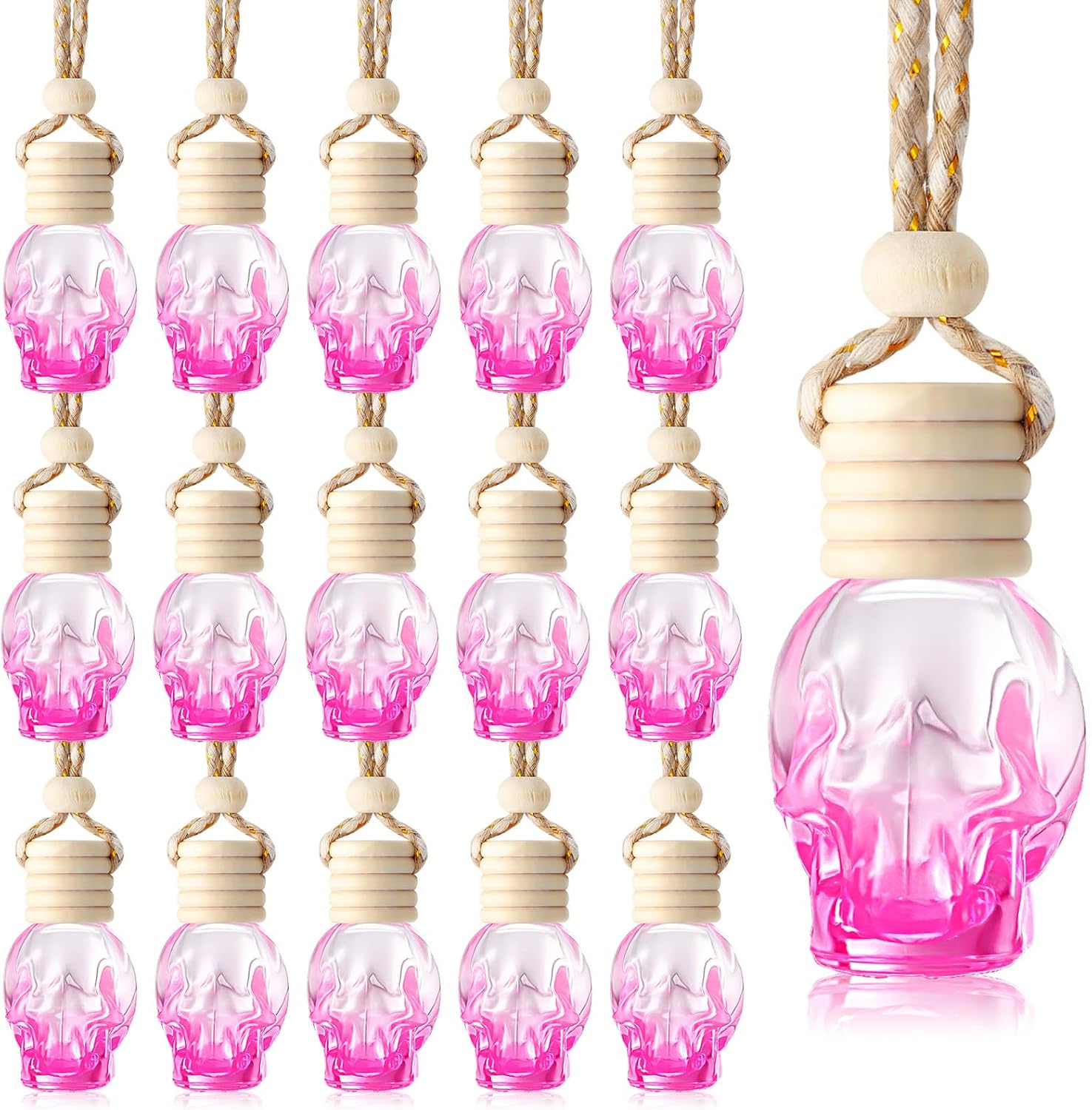 71IQAYebF0L._AC_SL1500_.jpg Set of 20 hanging car air freshener gradient pink diffuser bottles, skull style, refillable essential oil pendants. - Image 1
