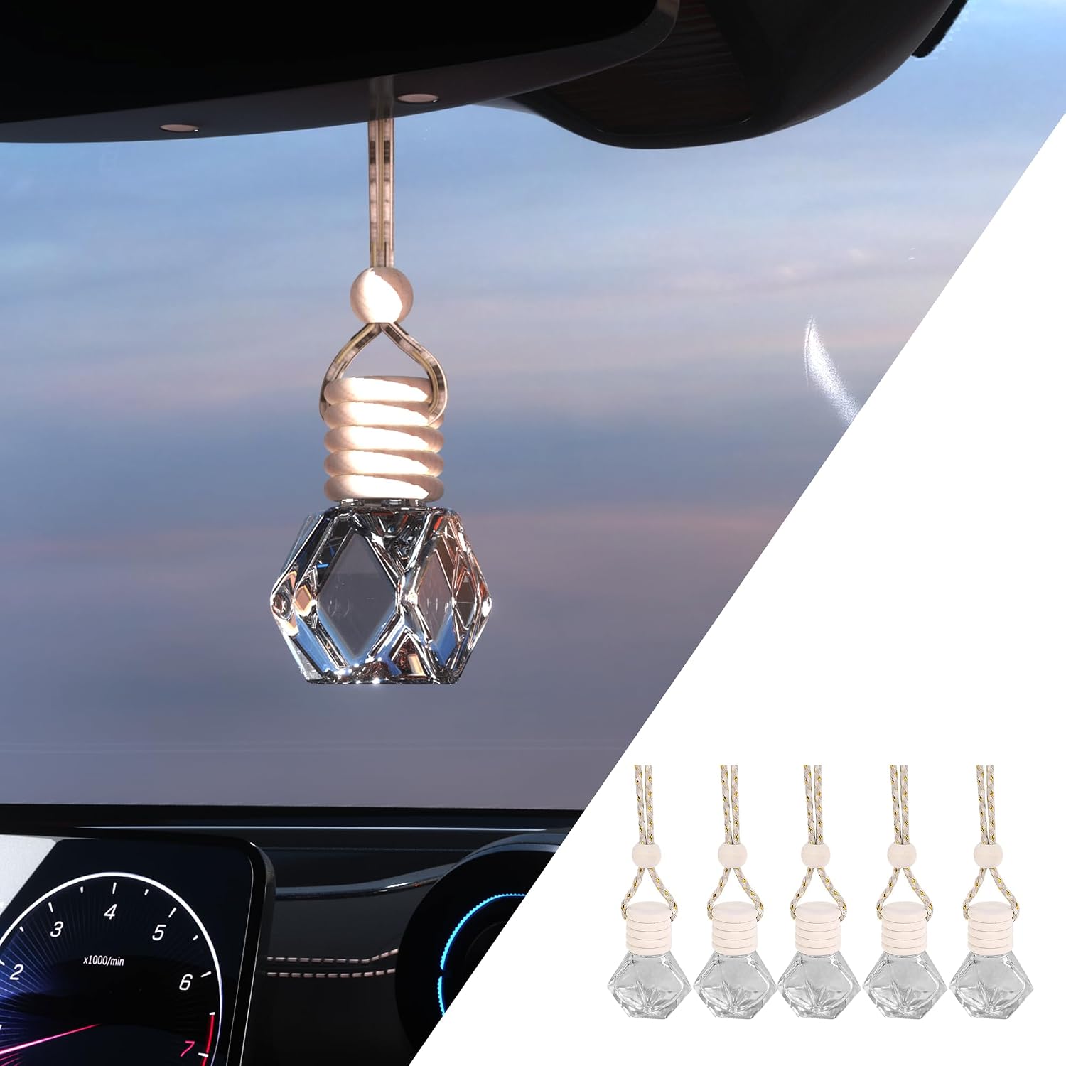 71M3lEJNXRL._AC_SL1500_.jpg Set of 5 hanging car air freshener empty glass bottles with vent clip, wooden cap and rope, rhombic design. - Image 1