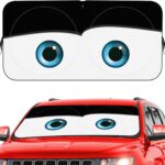 Car windshield sun shade with funny eyes design, wear-resistant, foldable, size 59x27.5 or 63x31.5 inches.