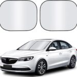 Set of 2 foldable car front window sunshade with silver coated reflective polyester material.