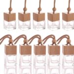 Set of 10 car air freshener ornaments, clear glass essential oil diffuser vials with wooden caps.