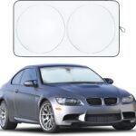 Upgraded overlapping reflective windshield sunshade, universal fit for most cars sedans hatchbacks, size 64x32 inches.