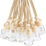 Set of 20 hanging car air freshener diffuser bottles, clear glass with wooden caps and hanging string, cylindrical.