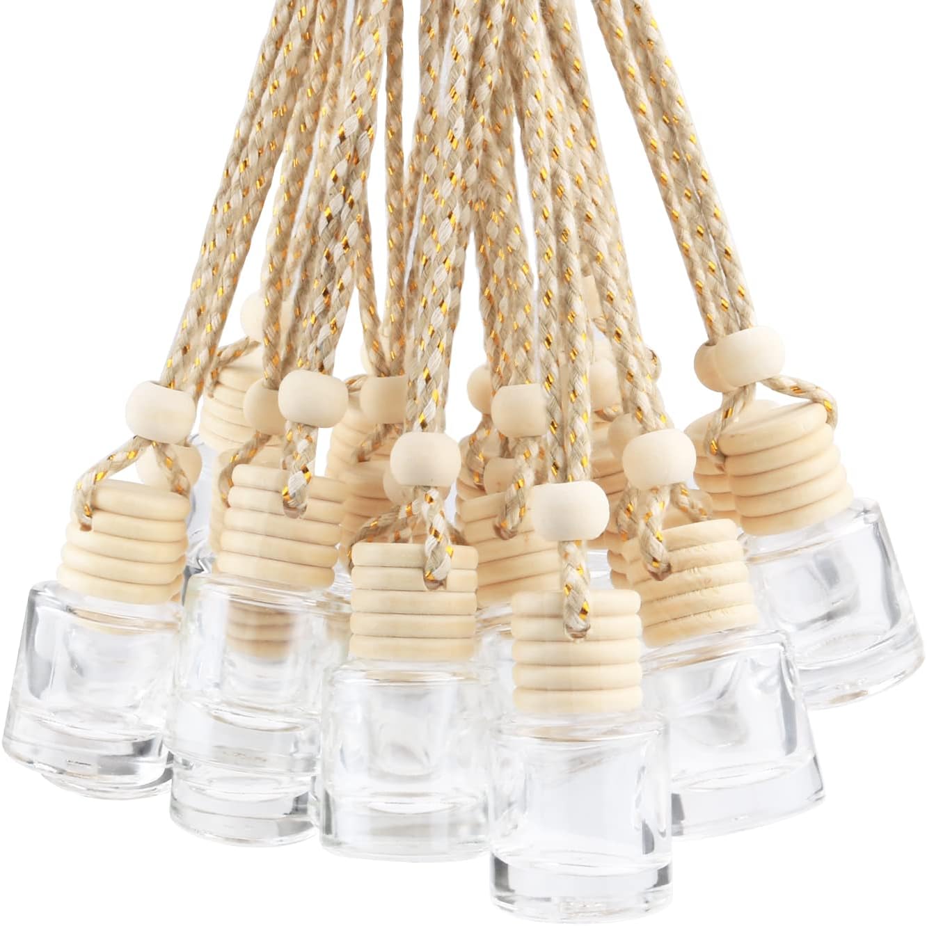 71Yw9wp-NeL._AC_SL1500_.jpg Set of 20 hanging car air freshener diffuser bottles, clear glass with wooden caps and hanging string, cylindrical. - Image 1