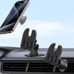Vent and dashboard car phone mount with adhesive adapter and vent clip, fits all smartphones.