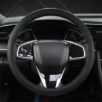 Ultra thin leather steering wheel cover, anti-slip breathable design, universal 14.5-15 inch fit, black standard size.