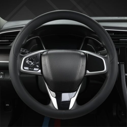 Ultra thin leather steering wheel cover, anti-slip breathable design, universal 14.5-15 inch fit, black standard size.