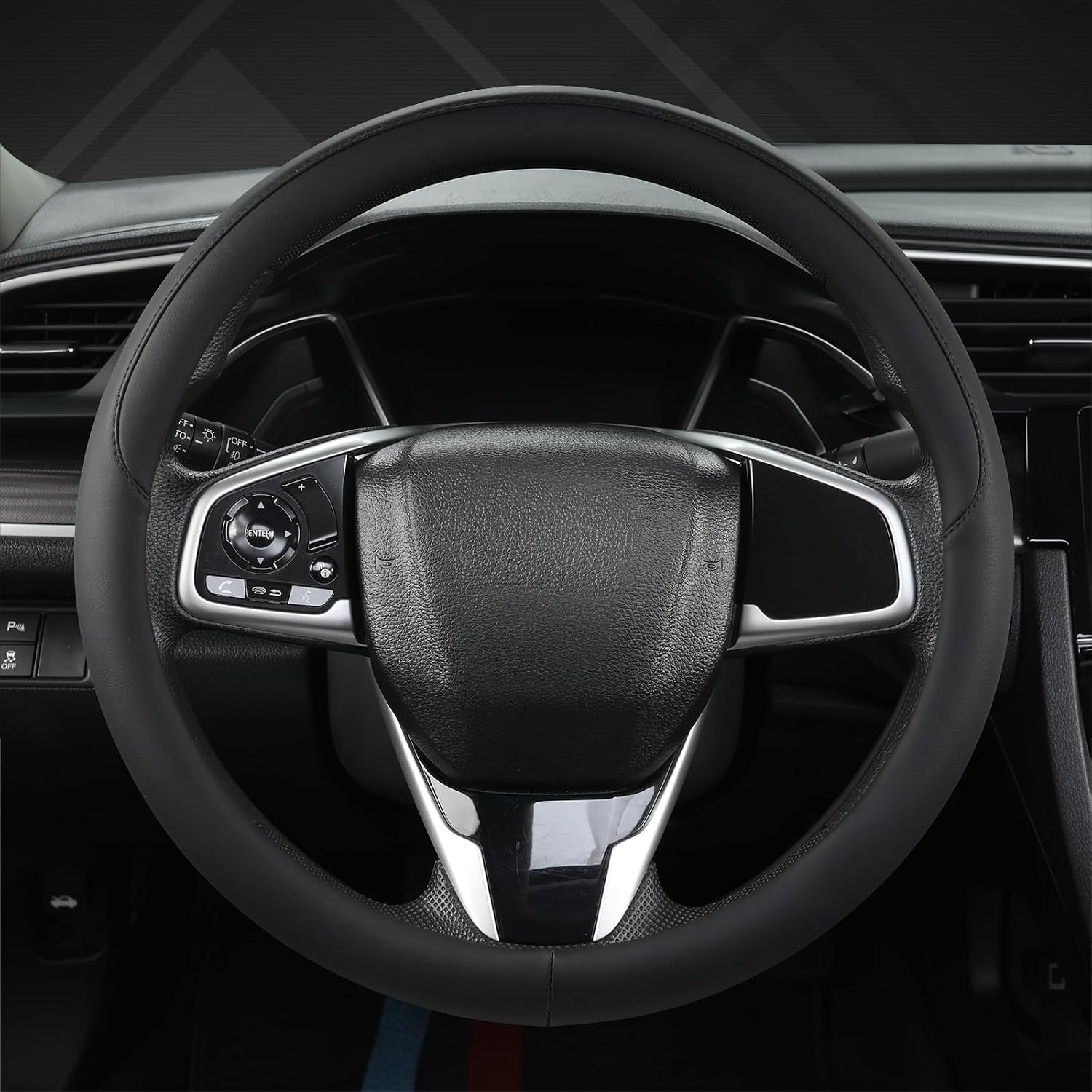 71pgCrGngHL._AC_SL1500_.jpg Ultra thin leather steering wheel cover, anti-slip breathable design, universal 14.5-15 inch fit, black standard size. - Image 1