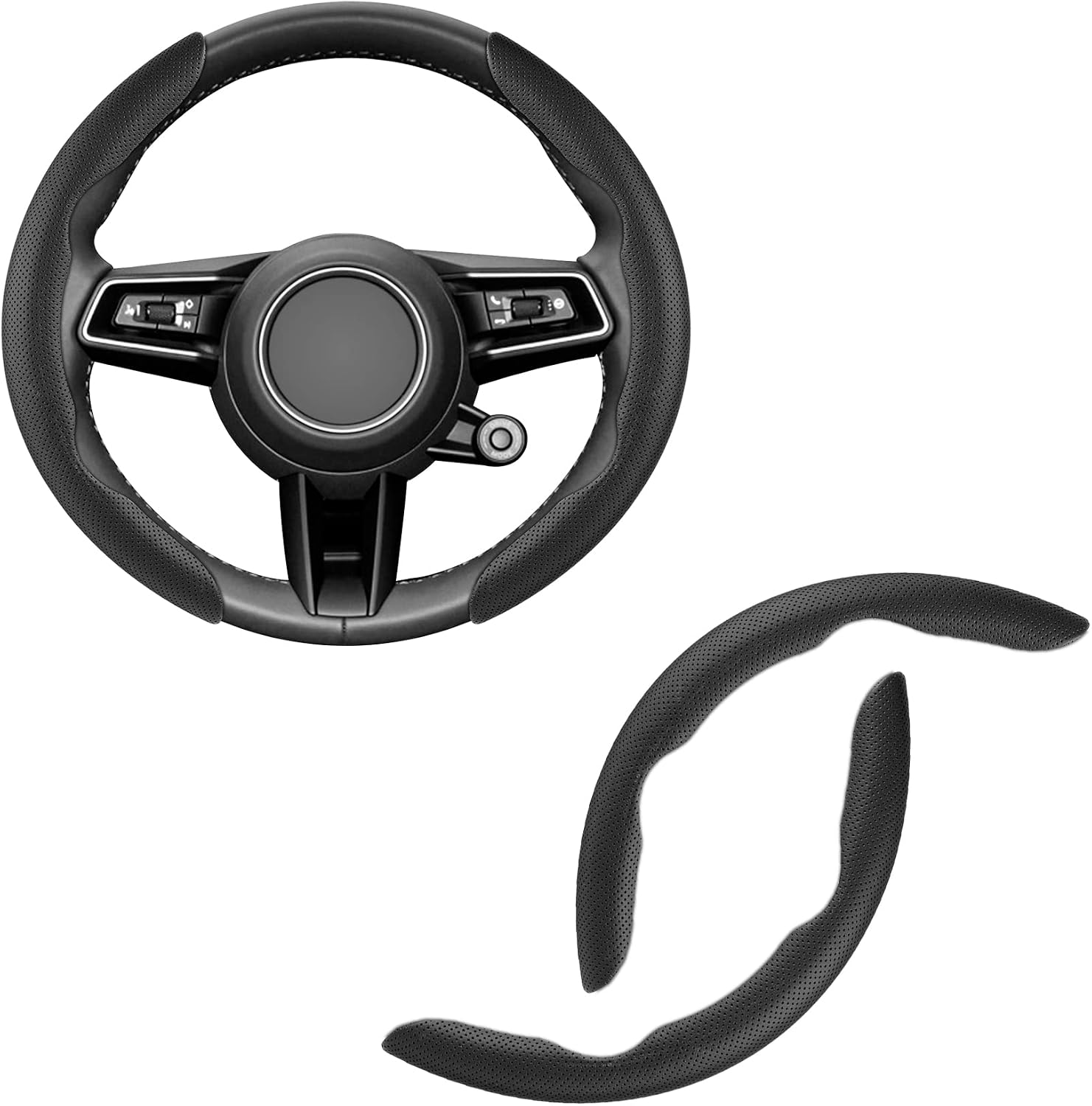 71rlFenFKYL._AC_SL1500_.jpg Set of 2 segmented leather steering wheel covers, universal fit for most vehicles, black. - Image 1