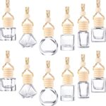 Set of 12 hanging car air freshener diffuser bottles, clear glass assorted styles with wooden caps.