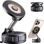 Car Phone Holder with ultra-strong suction and magnetic force, 360?? adjustable for universal smartphone use.