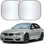 Foldable front windshield sun shade for sun heat and UV rays, size 28x31 inches.
