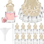 Set of 20 car diffuser bottles with wooden caps, dropper and funnel, DIY car air freshener pendants.