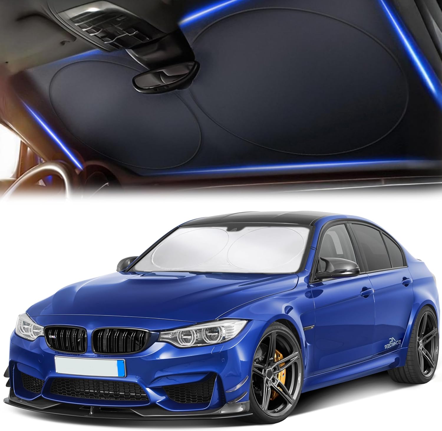 81ihaQrGl0L._AC_SL1500_.jpg Reflective car sun shade for windshield, polyester material, size 64x32 inches for cars trucks sedans. - Image 1