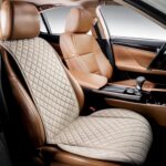 Faux linen front car seat cover, durable non-slip, universal fit for automotive vans SUVs trucks, light beige.