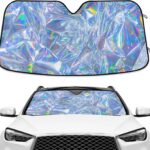 Holographic windshield sun shade with accordion folding design, blocks UV rays, reflective auto sunshade.
