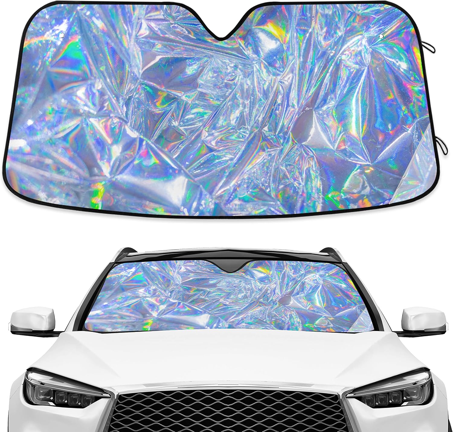 91iKolbjVOL._AC_SL1500_.jpg Holographic windshield sun shade with accordion folding design, blocks UV rays, reflective auto sunshade. - Image 1